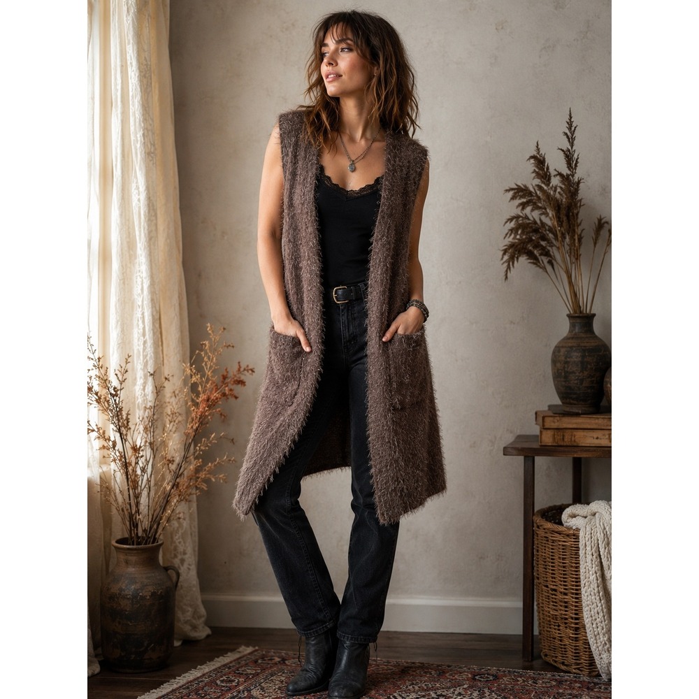 Escio Eyelash Knit Long Cardigan Vest Medium Crochet Lace Back Brown Boho Duster